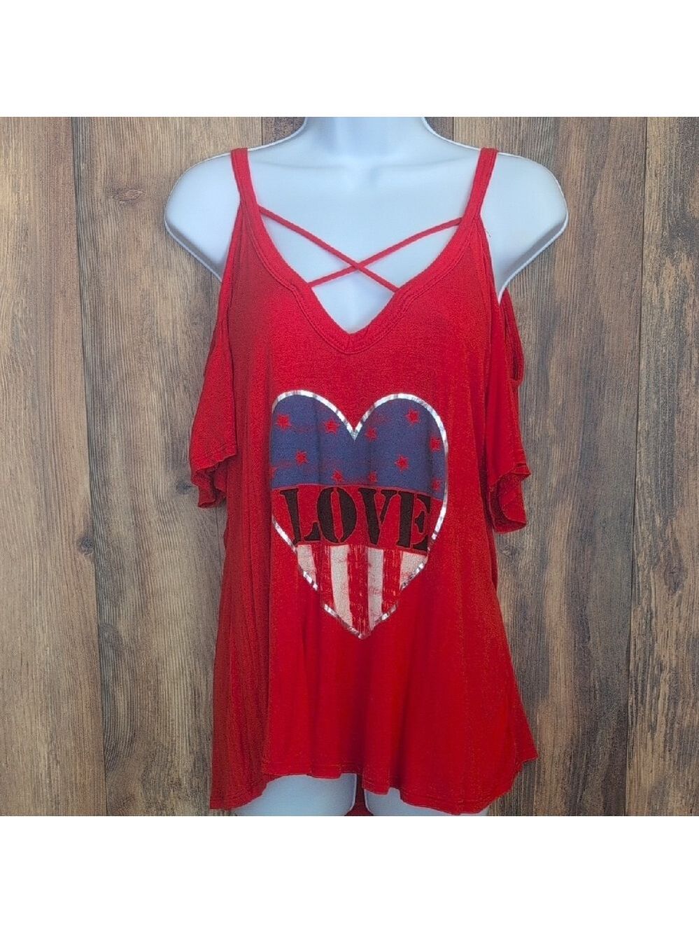 Free Kisses Red Love Heart Cold Shoulder Top L V120